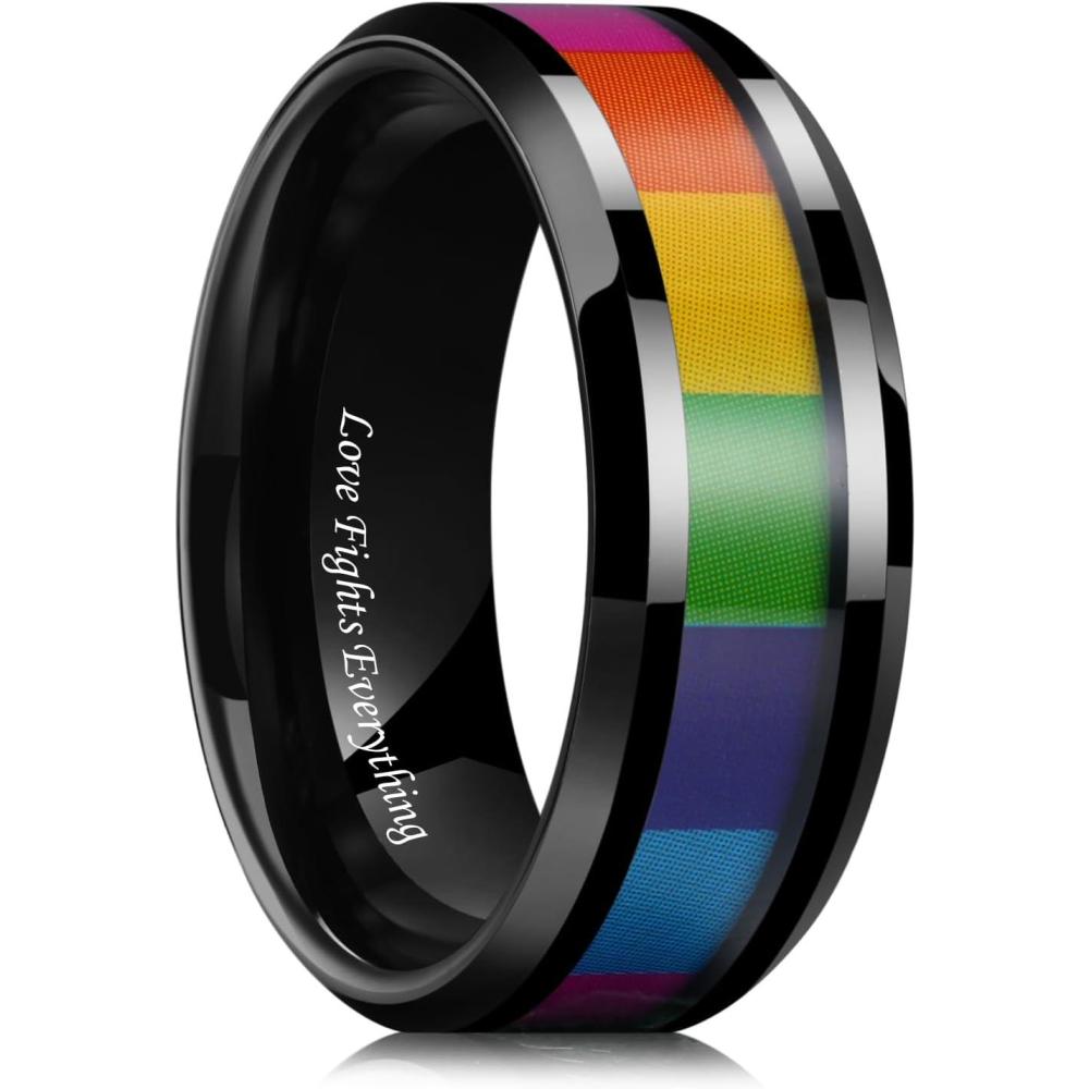 imageKing Will Tungsten Carbide Wedding Band for Men 8mm Black Plated High Polished Inlay Rainbow Sticker Rings for Weddding Engagement Comfort FitRainbow Black