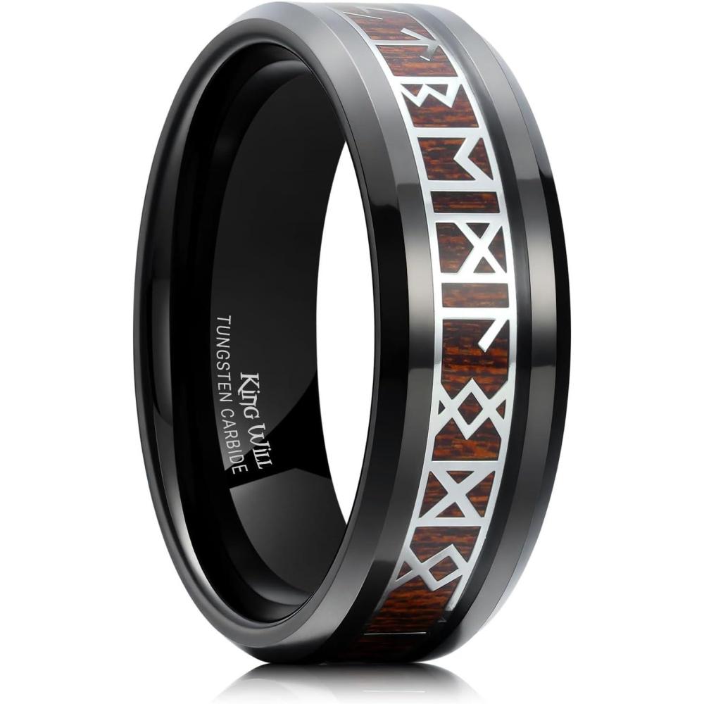 imageKing Will Tungsten Carbide Wedding Band for Men 8mm BlackSilverGold Inlay with Norse Viking Rune ampamp Hawaii Koa Wood Mens Ring High Polished Beveled Edge for Daily Wear Comfort Fit Size 714Black Silver Viking Rune