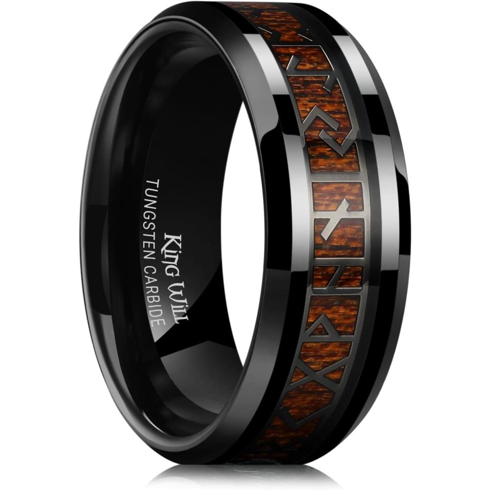 imageKing Will Tungsten Carbide Wedding Band for Men  8mm BlackSilverGold Inlay with Norse Viking Rune ampamp Hawaii Koa Wood Mens Ring High Polished Beveled Edge for Daily Wear Comfort Fit Size 714Black