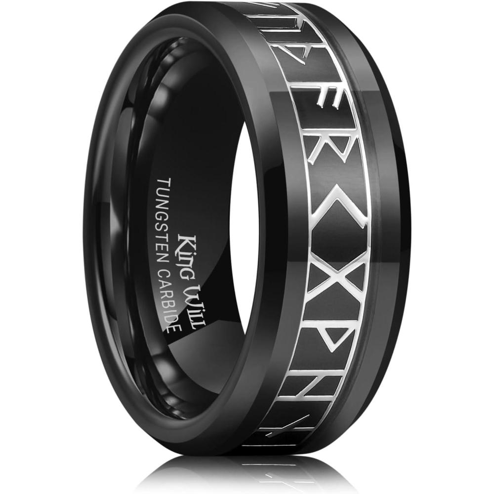 imageKing Will Tungsten Carbide Wedding Band for Men 8mm BlackSilverGold Inlay with Norse Viking Rune ampamp Hawaii Koa Wood Mens Ring High Polished Beveled Edge for Daily Wear Comfort Fit Size 714Black Silver