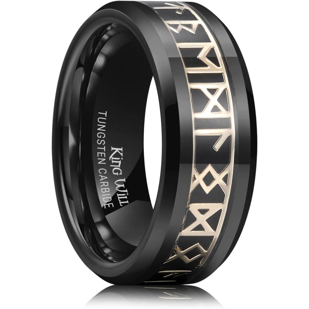 imageKing Will Tungsten Carbide Wedding Band for Men 8mm BlackSilverGold Inlay with Norse Viking Rune ampamp Hawaii Koa Wood Mens Ring High Polished Beveled Edge for Daily Wear Comfort Fit Size 714Black Gold