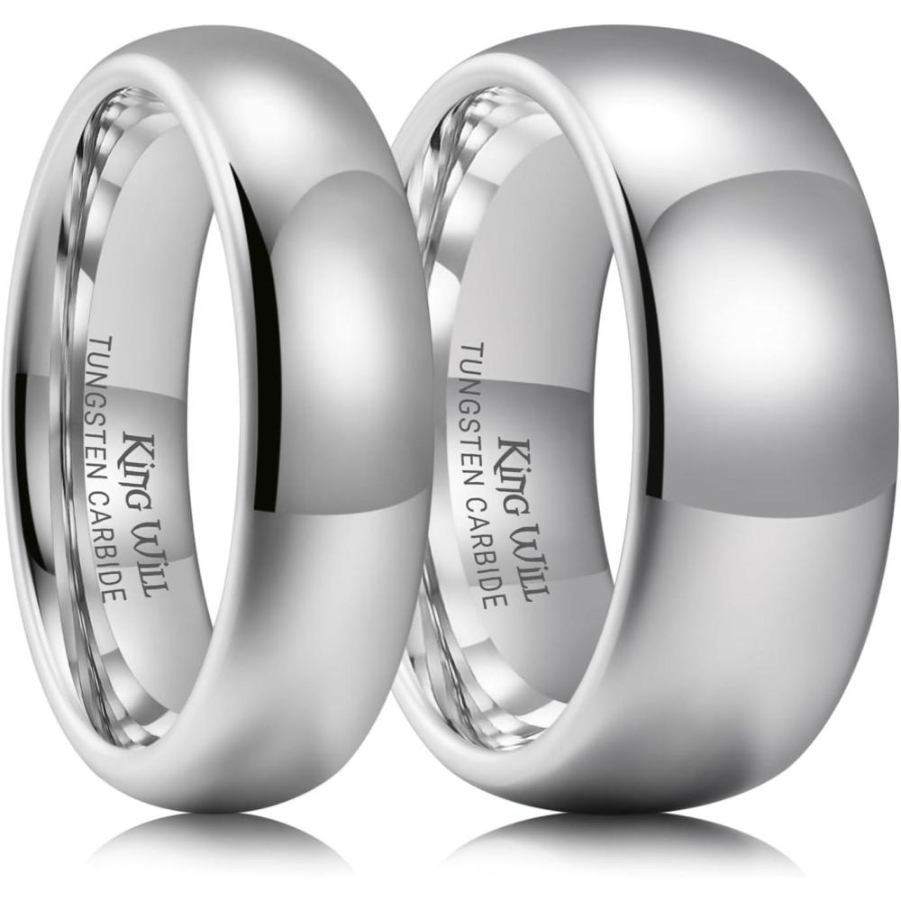 imageKing Will Tungsten Carbide Wedding Band for Men Women Promise Rings for Couples Domed High PolishSilver 2PC6mm 8mm