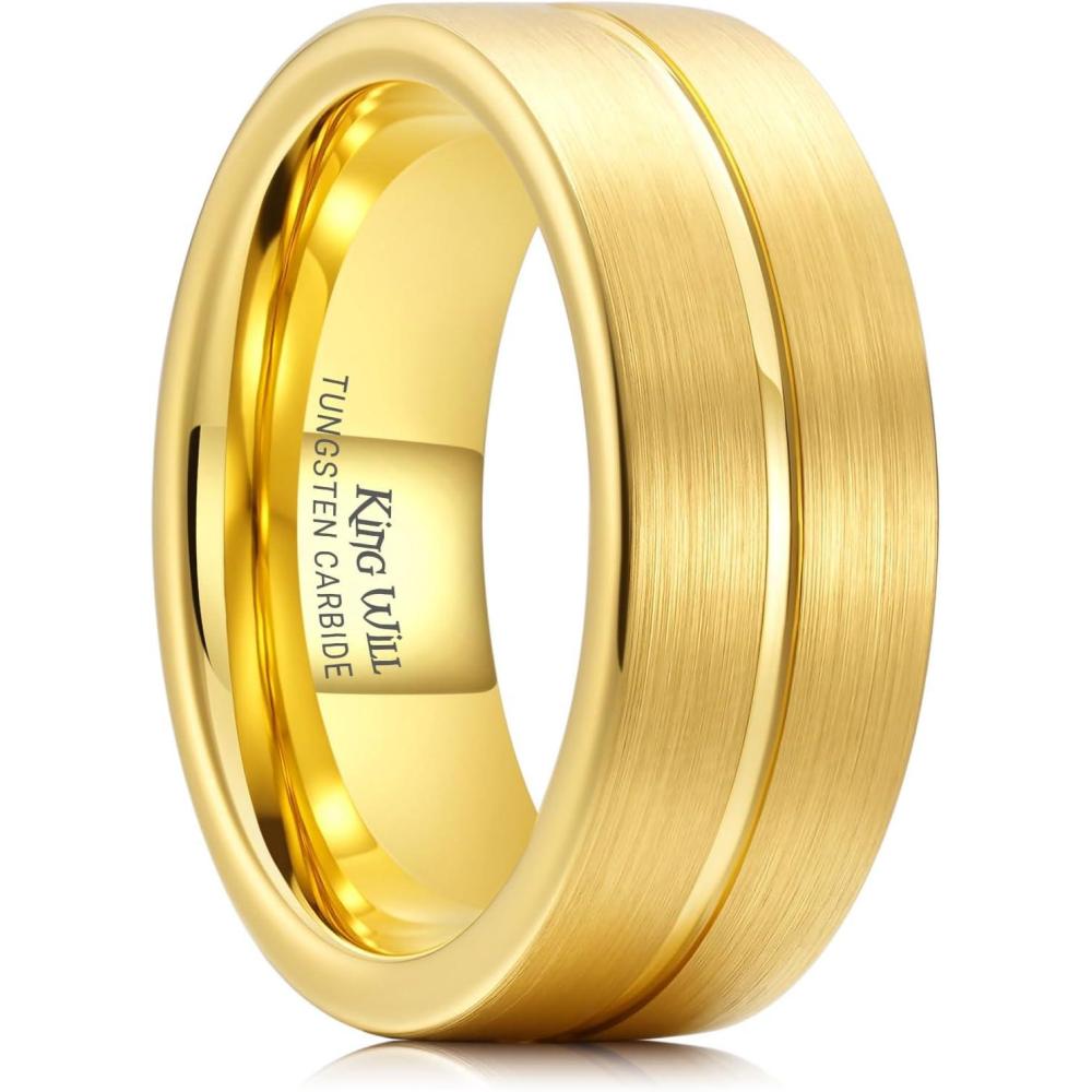 imageKing Will Tungsten Carbide Wedding Band for Men Women468mm Width 14K Gold Plated Tungsten Wedding Ring Matte Brushed ampamp High Polished Style Comfort Fit Wedding Band Size 614F8mmGold Groove