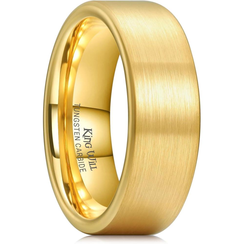imageKing Will Tungsten Carbide Wedding Band for Men Women468mm Width 14K Gold Plated Tungsten Wedding Ring Matte Brushed ampamp High Polished Style Comfort Fit Wedding Band Size 614D8mm Pipe Cut
