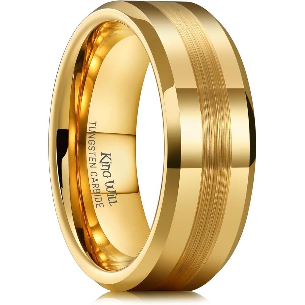 imageKing Will Tungsten Carbide Wedding Band for Men Women468mm Width 14K Gold Plated Tungsten Wedding Ring Matte Brushed ampamp High Polished Style Comfort Fit Wedding Band Size 614E8mm Gold Brushed Center