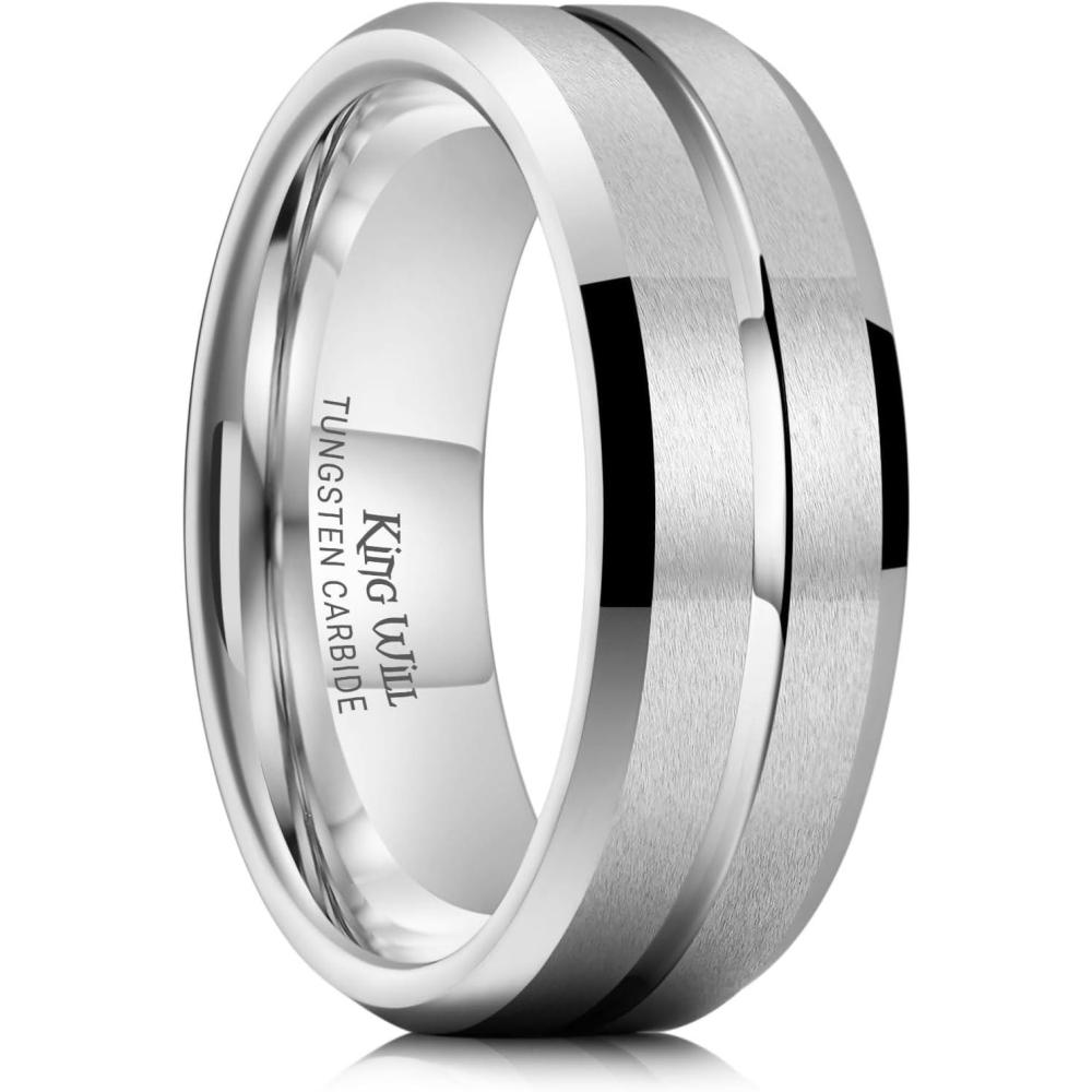 imageKing Will Tungsten Carbide Wedding Band for Men Women6810mm Width Multicolor Available with Grooved Center Wedding Ring Suitable for Work Gym Comfort Fit Size 416Silver8mm