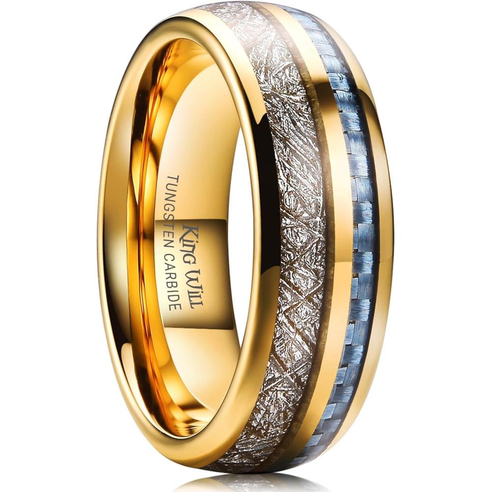 imageKing Will Tungsten Rings for Men Meteorite Carbon Fiber Wood Inlay Mens Wedding Engagement Band Domed Polished7mm Gold Light Blue Carbon Fiber
