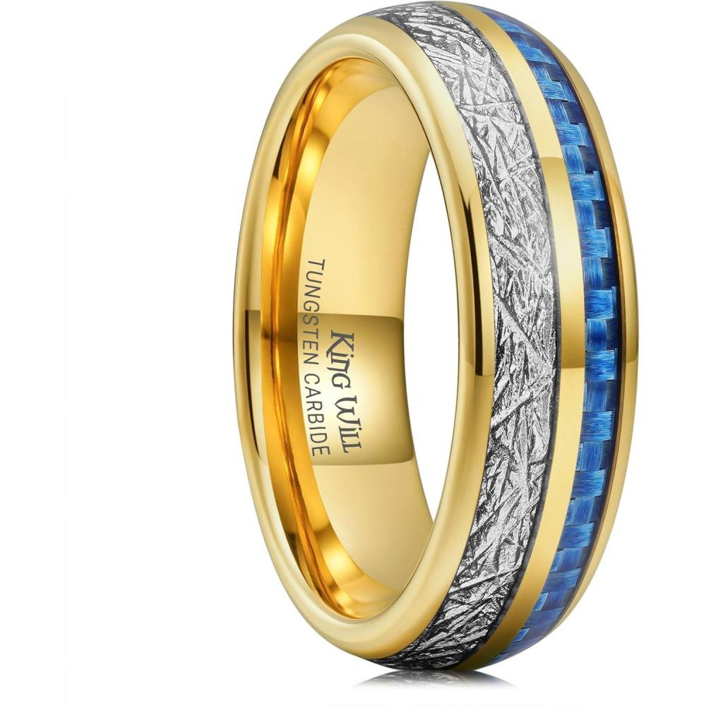 imageKing Will Tungsten Rings for Men Meteorite Carbon Fiber Wood Inlay Mens Wedding Engagement Band Domed Polished7mm Gold Medium Blue Carbon Fiber