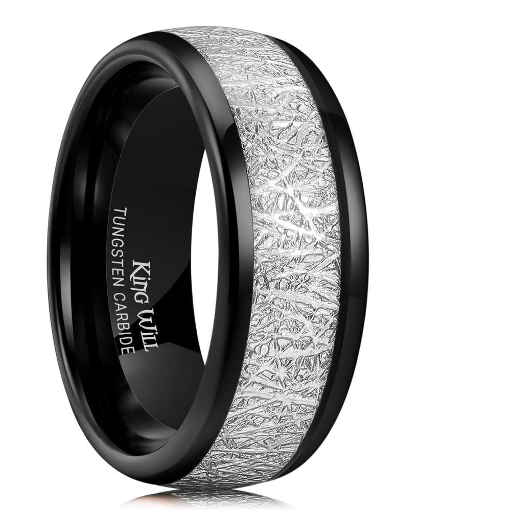 imageKing Will Tungsten Rings for Men Meteorite Carbon Fiber Wood Inlay Mens Wedding Engagement Band Domed Polished8mm Black Silver