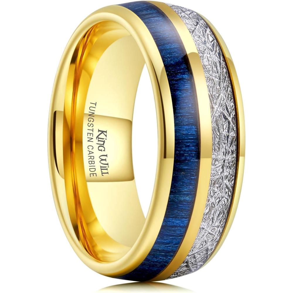 imageKing Will Tungsten Rings for Men Meteorite Carbon Fiber Wood Inlay Mens Wedding Engagement Band Domed Polished8mm Gold Blue Maple Wood