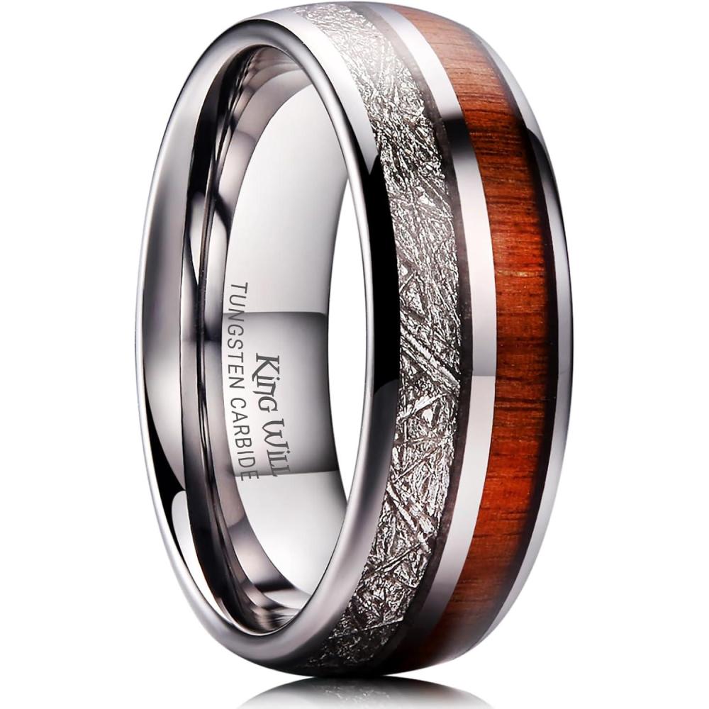 imageKing Will Tungsten Rings for Men Meteorite Carbon Fiber Wood Inlay Mens Wedding Engagement Band Domed Polished8mm Silver  Koa Wood