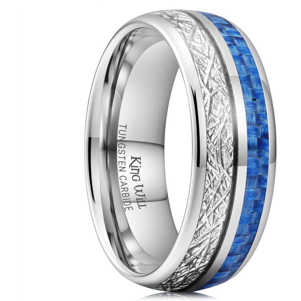 imageKing Will Tungsten Rings for Men Meteorite Carbon Fiber Wood Inlay Mens Wedding Engagement Band Domed Polished8mm Silver Medium Blue Carbon Fiber