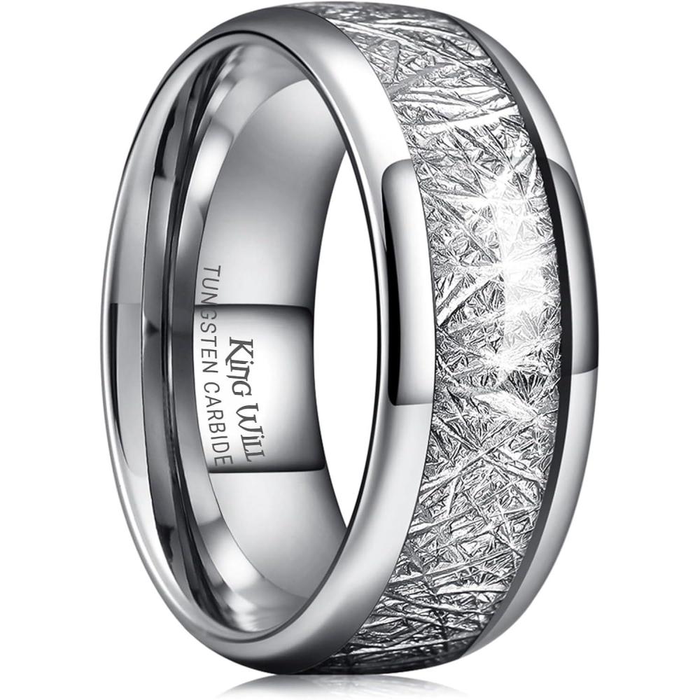 imageKing Will Tungsten Rings for Men Meteorite Carbon Fiber Wood Inlay Mens Wedding Engagement Band Domed PolishedA 8mm all silver