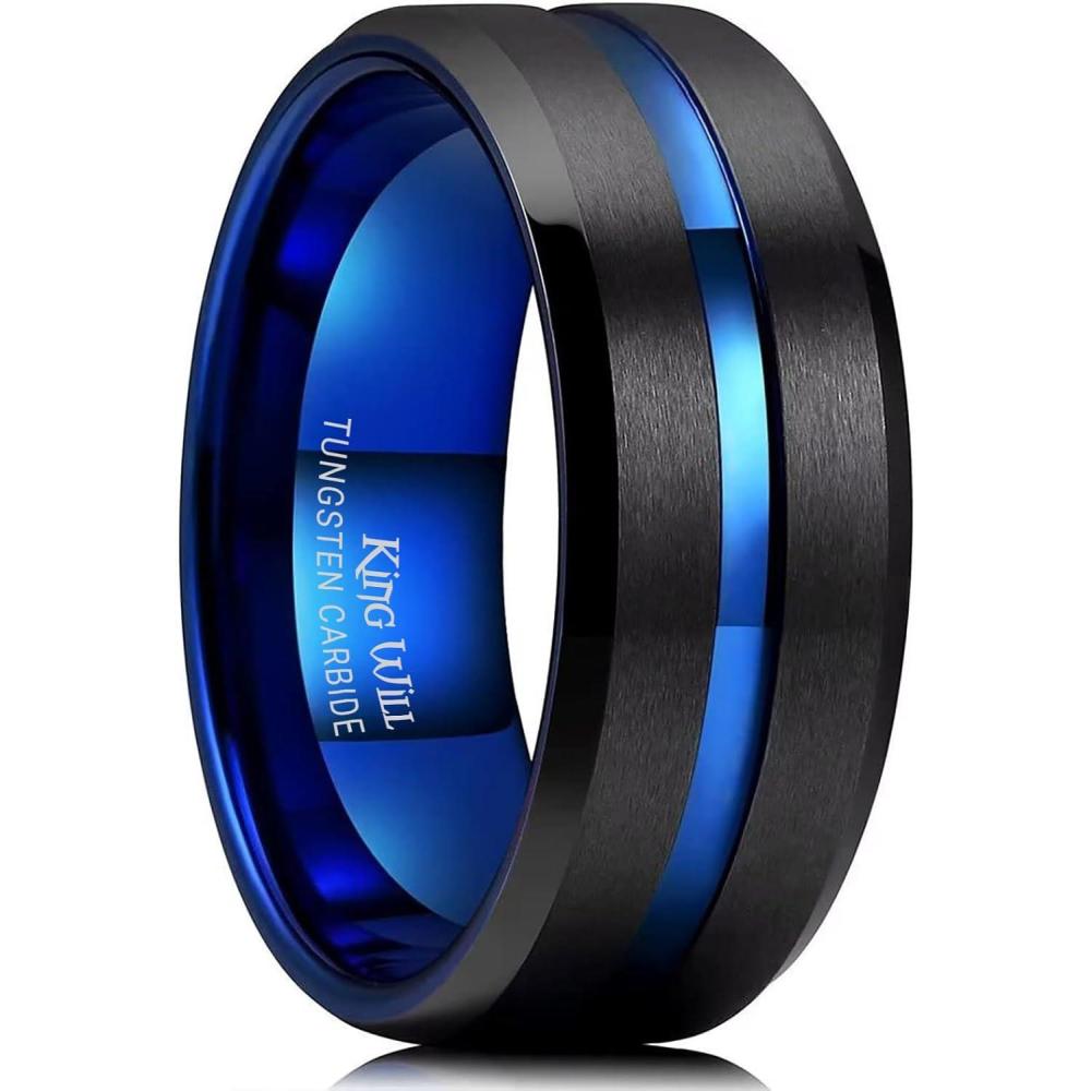 imageKing Will Tungsten Rings for Men Two Tone Grooved Mens Wedding Band Cool Promise Engagement Matte Finished Beveled EdgeBlack Blue 10mm