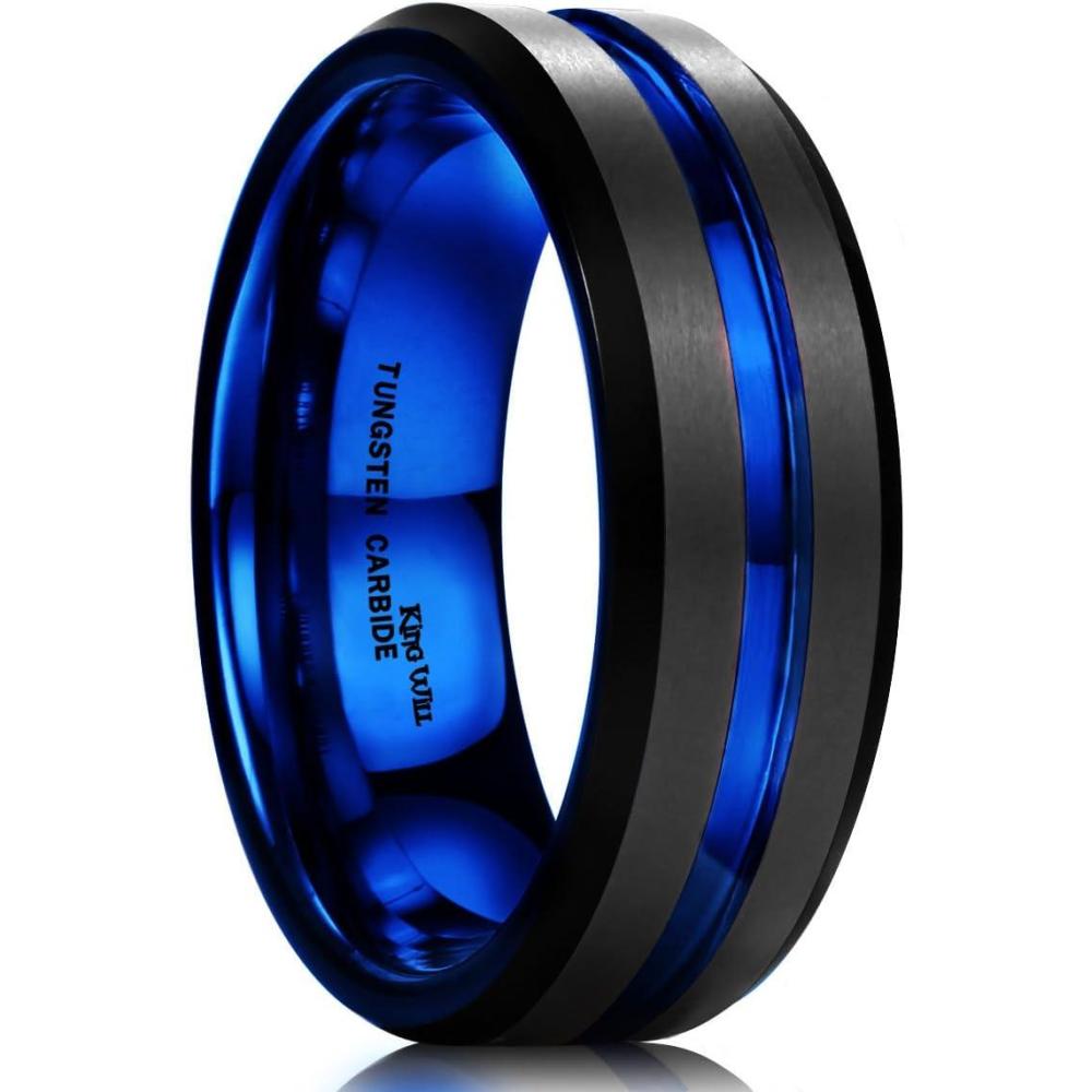 imageKing Will Tungsten Rings for Men Two Tone Grooved Mens Wedding Band Cool Promise Engagement Matte Finished Beveled EdgeBlack Blue 7mm