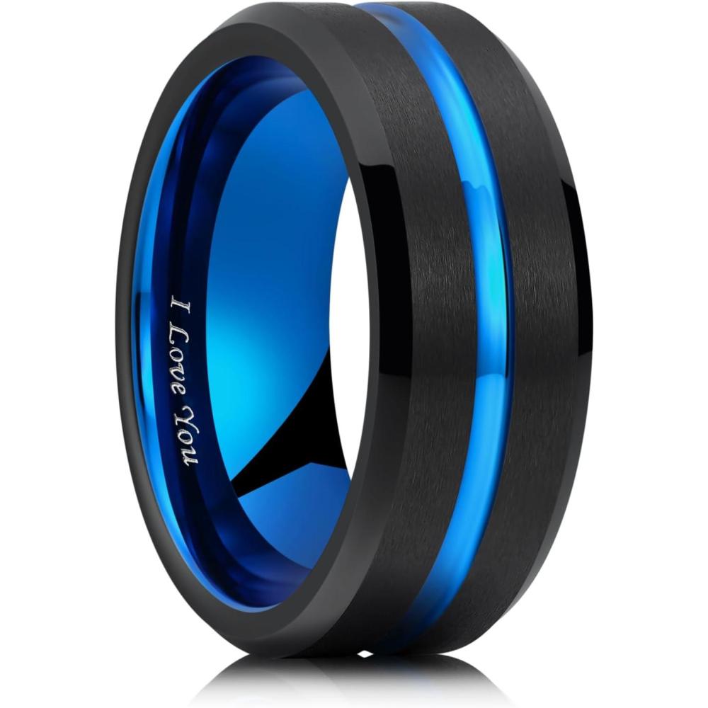 imageKing Will Tungsten Rings for Men Two Tone Grooved Mens Wedding Band Cool Promise Engagement Matte Finished Beveled EdgeBlack Blue 8mm I Love You