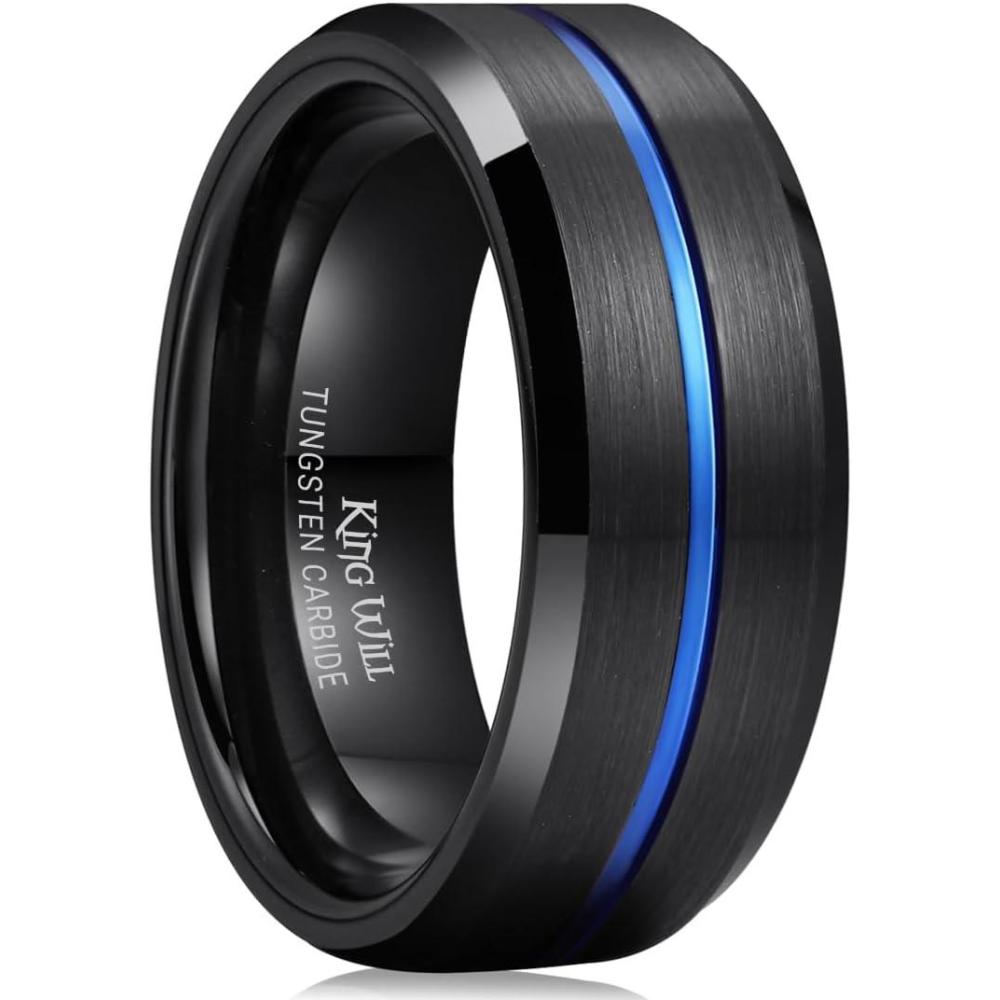 imageKing Will Tungsten Rings for Men Two Tone Grooved Mens Wedding Band Cool Promise Engagement Matte Finished Beveled EdgeBlack Blue 8mm