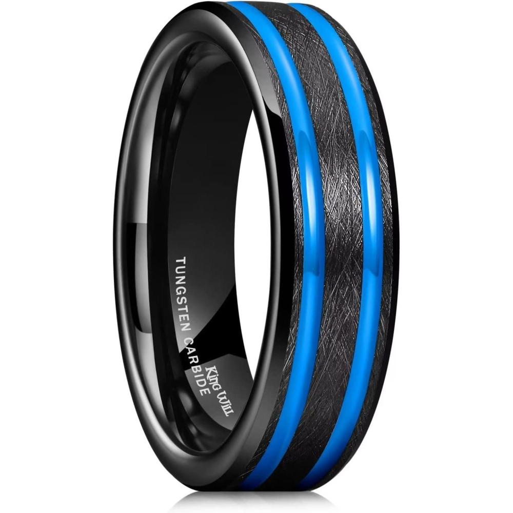 imageKing Will Tungsten Rings for Men Two Tone Grooved Mens Wedding Band Cool Promise Engagement Matte Finished Beveled EdgeBlack Blue Two Groove 6mm