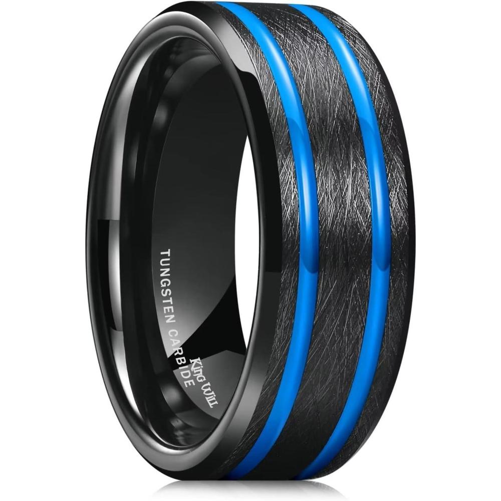 imageKing Will Tungsten Rings for Men Two Tone Grooved Mens Wedding Band Cool Promise Engagement Matte Finished Beveled EdgeBlack Blue Two Groove 8mm