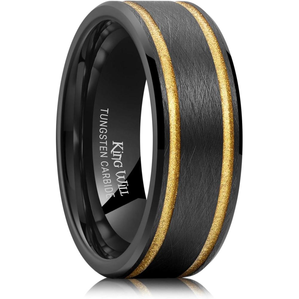imageKing Will Tungsten Rings for Men Two Tone Grooved Mens Wedding Band Cool Promise Engagement Matte Finished Beveled EdgeBlack Gold Two Groove