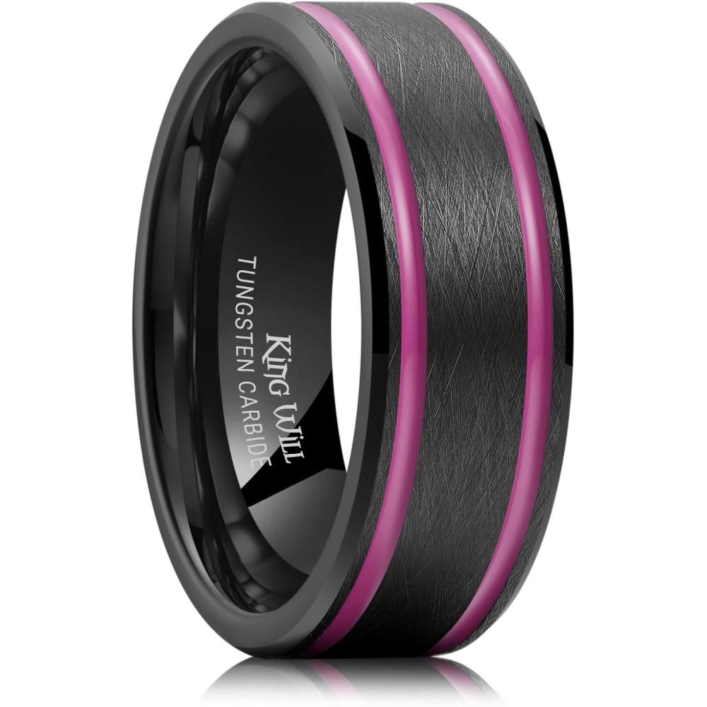 imageKing Will Tungsten Rings for Men Two Tone Grooved Mens Wedding Band Cool Promise Engagement Matte Finished Beveled EdgeBlack Purple Two Groove