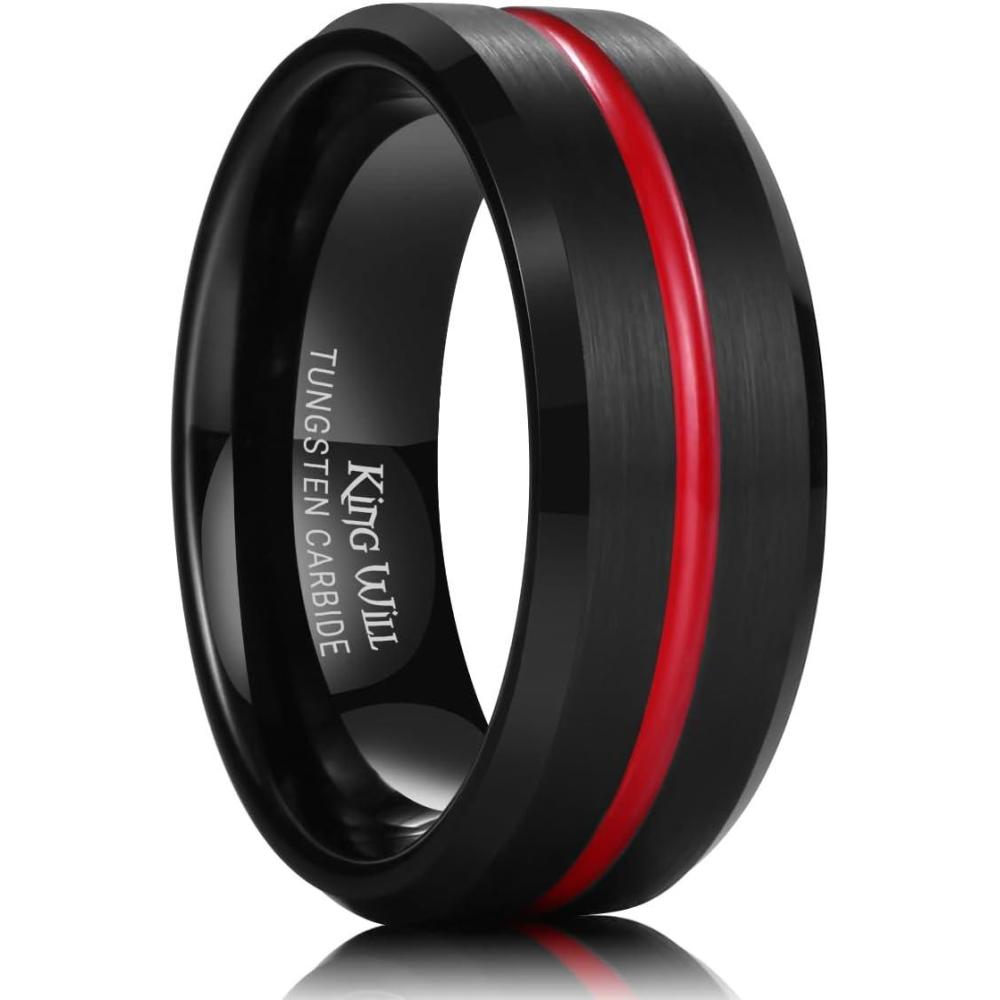 imageKing Will Tungsten Rings for Men Two Tone Grooved Mens Wedding Band Cool Promise Engagement Matte Finished Beveled EdgeBlack Red