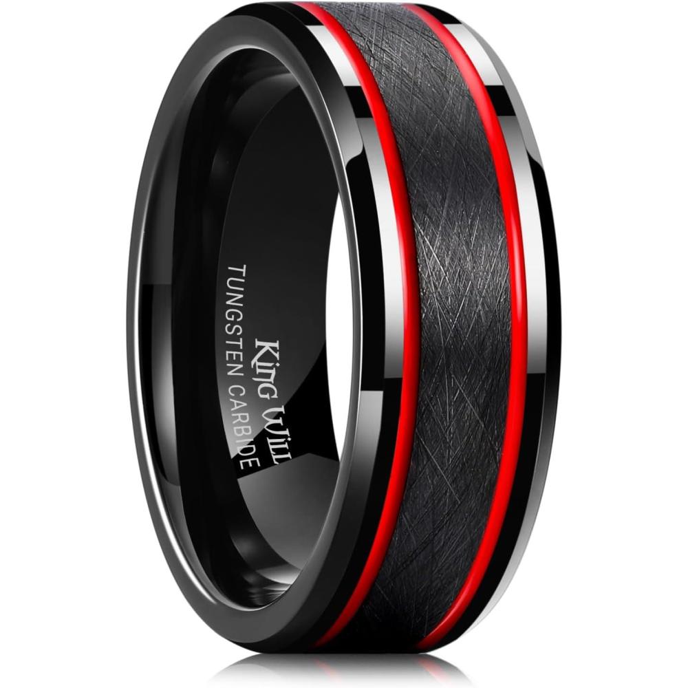 imageKing Will Tungsten Rings for Men Two Tone Grooved Mens Wedding Band Cool Promise Engagement Matte Finished Beveled EdgeBlack Red Two Groove
