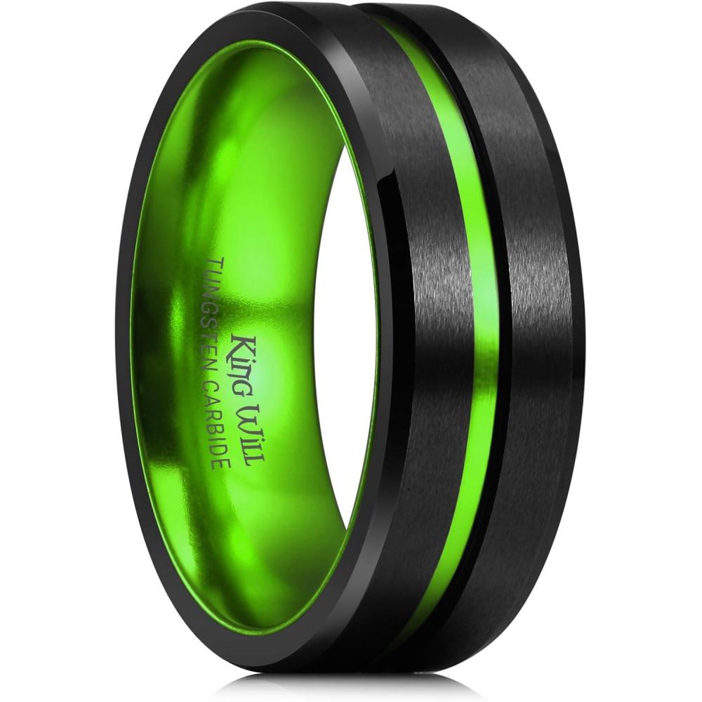 imageKing Will Tungsten Rings for Men Two Tone Grooved Mens Wedding Band Cool Promise Engagement Matte Finished Beveled EdgeGreen 8mm