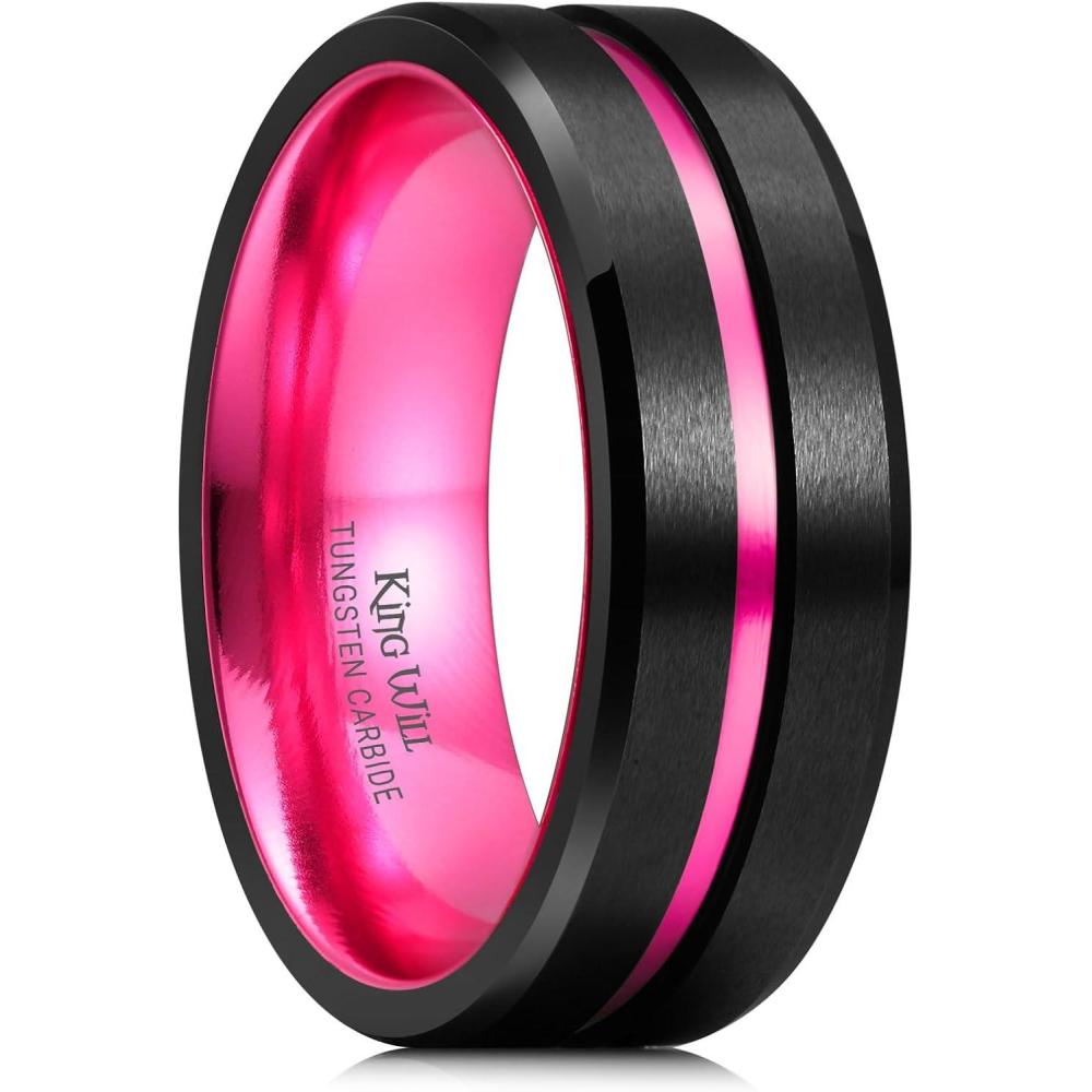 imageKing Will Tungsten Rings for Men Two Tone Grooved Mens Wedding Band Cool Promise Engagement Matte Finished Beveled EdgePink