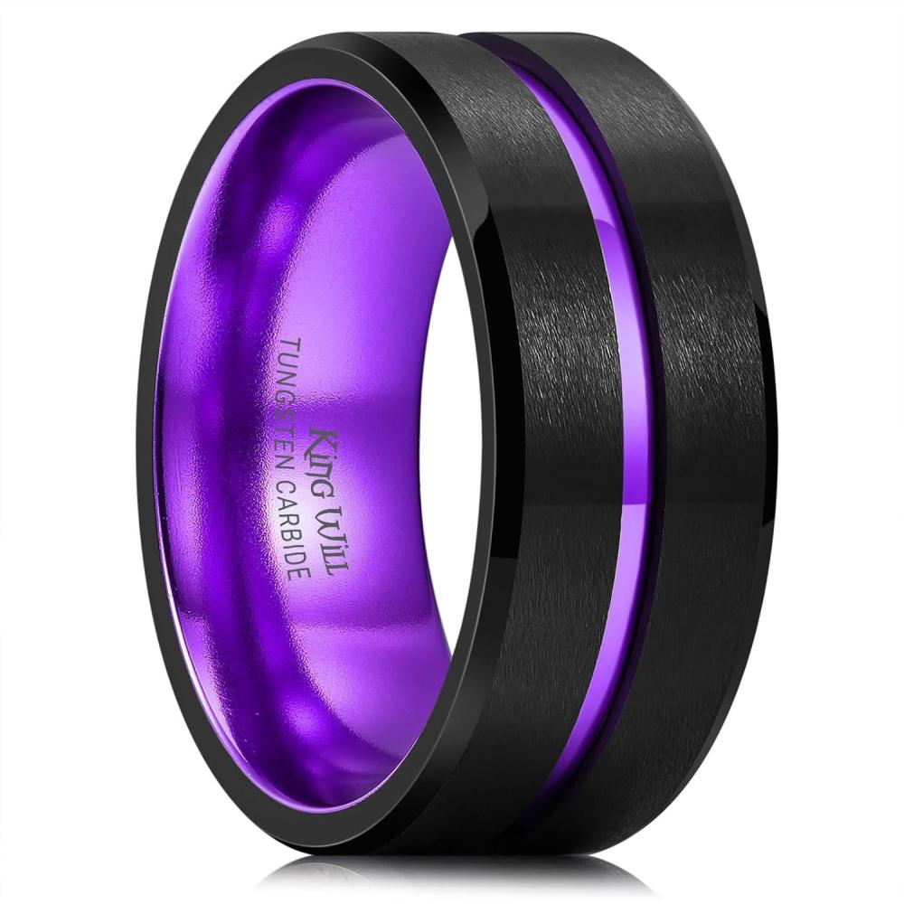 imageKing Will Tungsten Rings for Men Two Tone Grooved Mens Wedding Band Cool Promise Engagement Matte Finished Beveled EdgePurple 10mm