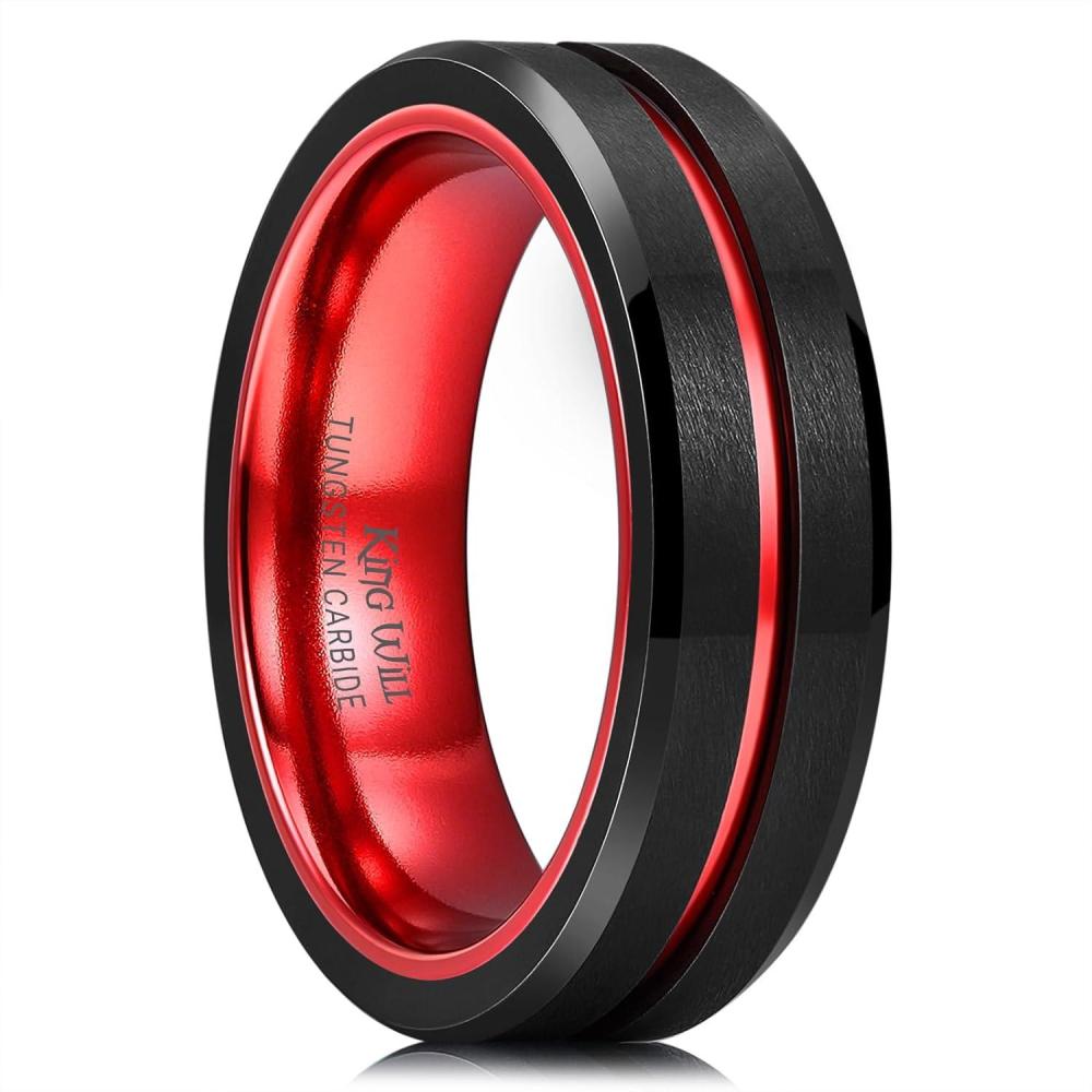 imageKing Will Tungsten Rings for Men Two Tone Grooved Mens Wedding Band Cool Promise Engagement Matte Finished Beveled EdgeRed  Black 6mm
