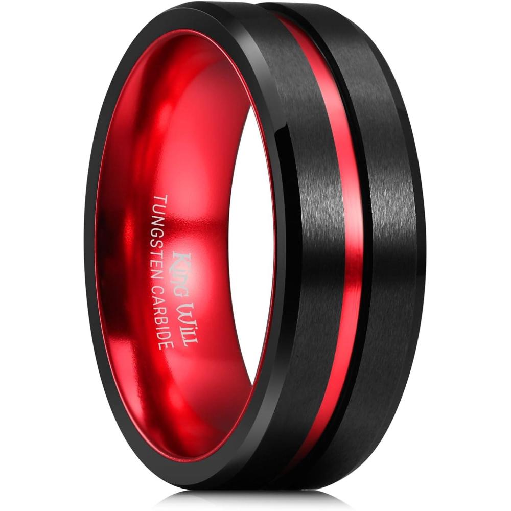 imageKing Will Tungsten Rings for Men Two Tone Grooved Mens Wedding Band Cool Promise Engagement Matte Finished Beveled EdgeRed Black 8mm