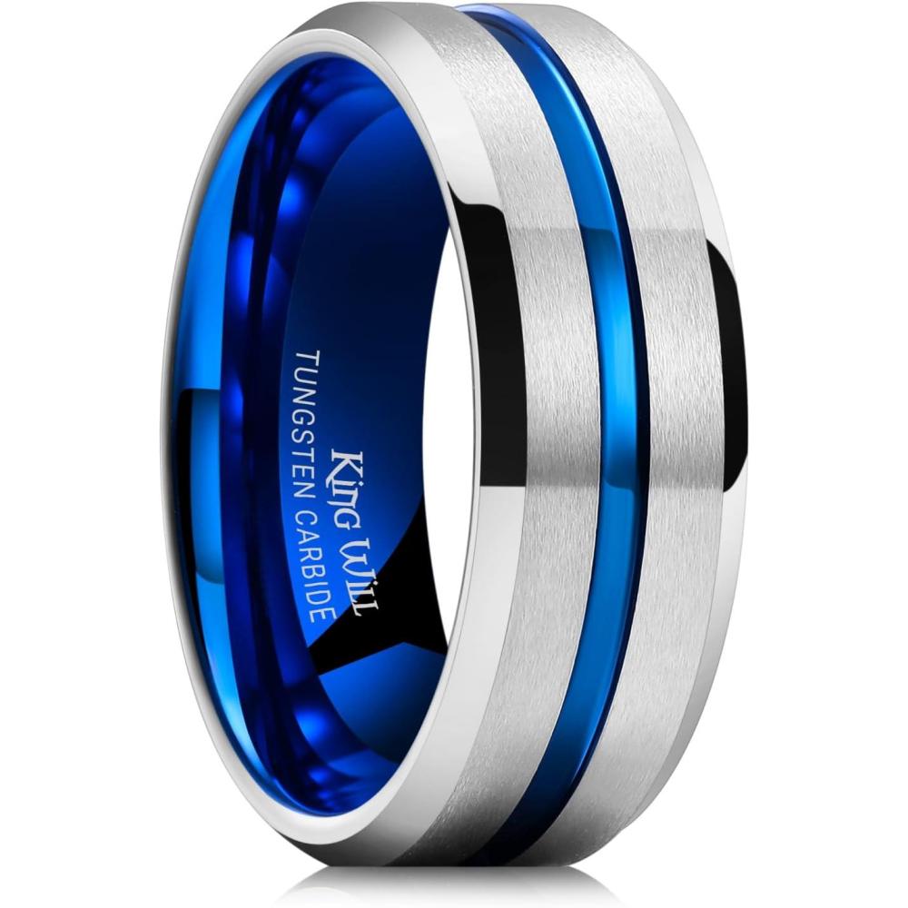 imageKing Will Tungsten Rings for Men Two Tone Grooved Mens Wedding Band Cool Promise Engagement Matte Finished Beveled EdgeSilver Azure