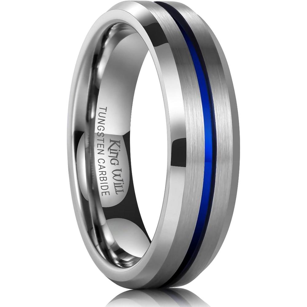 imageKing Will Tungsten Rings for Men Two Tone Grooved Mens Wedding Band Cool Promise Engagement Matte Finished Beveled EdgeSilver Blue 6mm