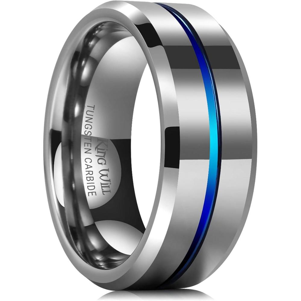 imageKing Will Tungsten Rings for Men Two Tone Grooved Mens Wedding Band Cool Promise Engagement Matte Finished Beveled EdgeSilver Blue 8mm