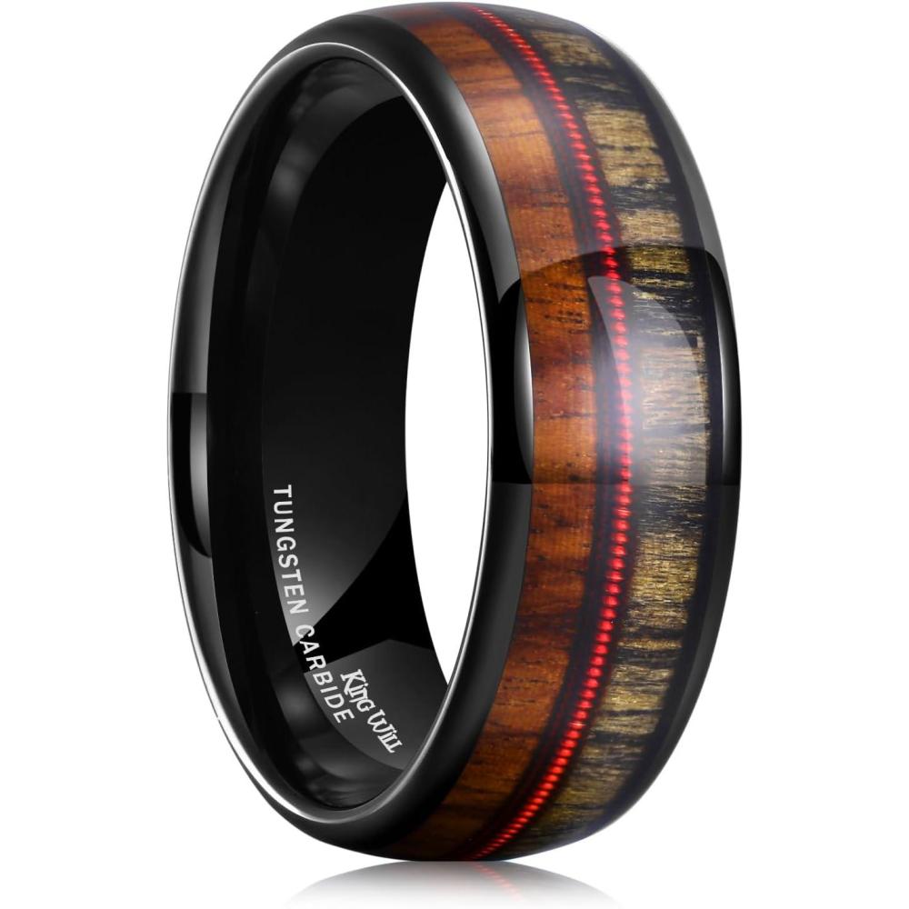 imageKing Will Tungsten Wedding Band for Men 8mm Domed Ring ArrowGuitar String Inlay Promise Ring for Him Comfort FitABrown Black