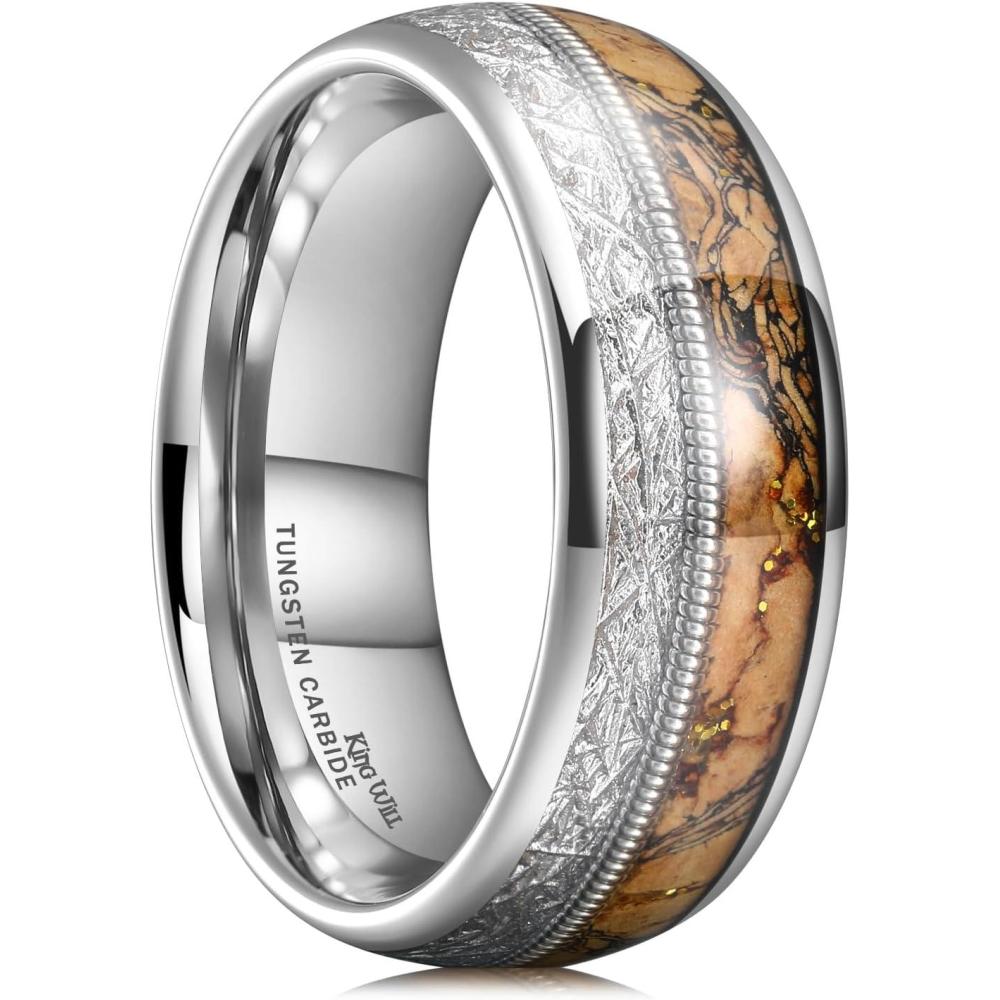 imageKing Will Tungsten Wedding Band for Men 8mm Domed Ring ArrowGuitar String Inlay Promise Ring for Him Comfort FitASilver Brown