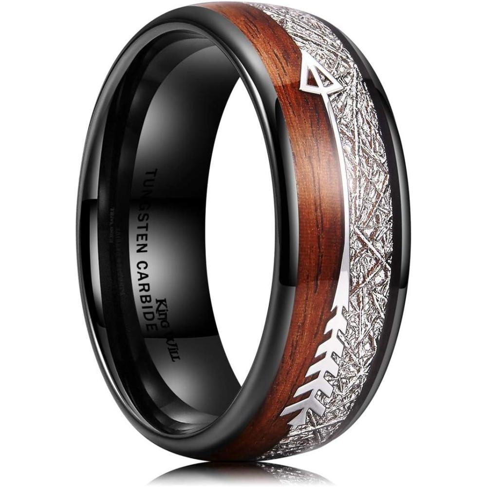 imageKing Will Tungsten Wedding Band for Men 8mm Domed Ring ArrowGuitar String Inlay Promise Ring for Him Comfort FitBBlack