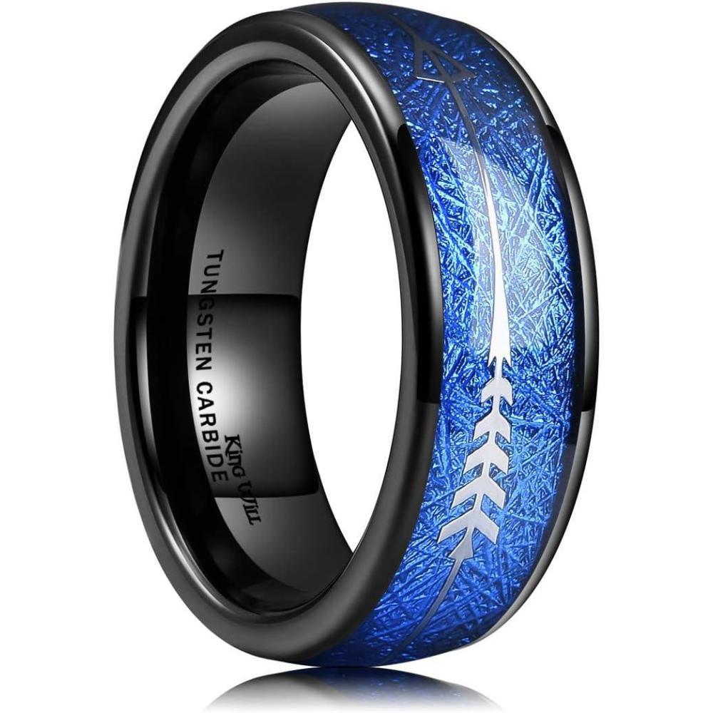 imageKing Will Tungsten Wedding Band for Men 8mm Domed Ring ArrowGuitar String Inlay Promise Ring for Him Comfort FitBBlue