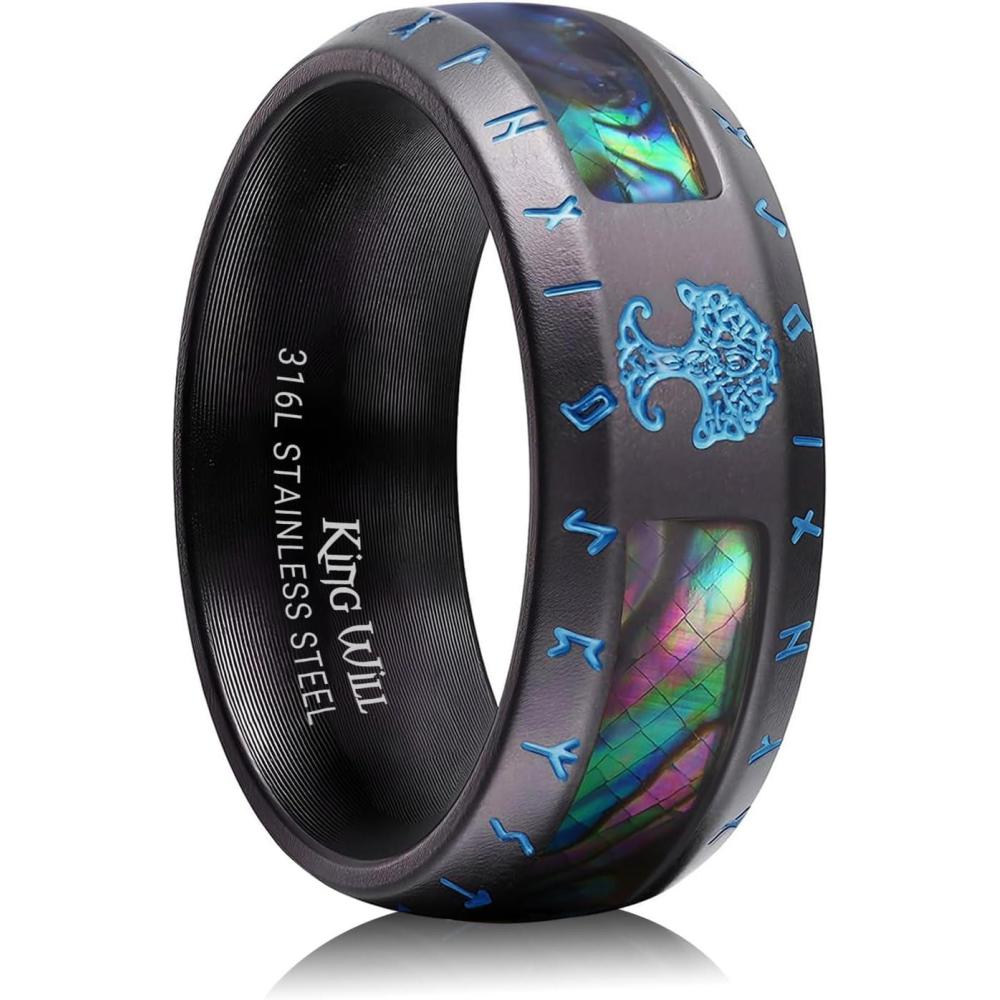 imageKing Will Viking Stainless Steel Wedding Band 8mm Men Ring with Tree of Life Rune Design and Abalone Shell Inlay in GreyGoldBlack Vintage FinishComfort Fit Size 714CBlack