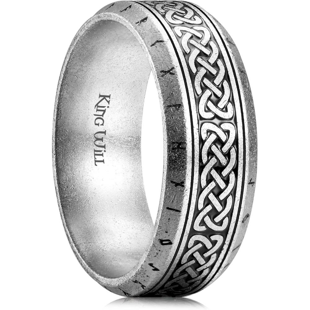 imageKing Will Viking Stainless Steel Wedding Band 8mm Men Ring with Tree of Life Rune Design and Abalone Shell Inlay in GreyGoldBlack Vintage FinishComfort Fit Size 714GrayRunesA
