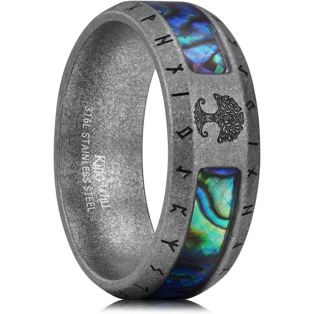 imageKing Will Viking Stainless Steel Wedding Band 8mm Men Ring with Tree of Life Rune Design and Abalone Shell Inlay in GreyGoldBlack Vintage FinishComfort Fit Size 714AGrey