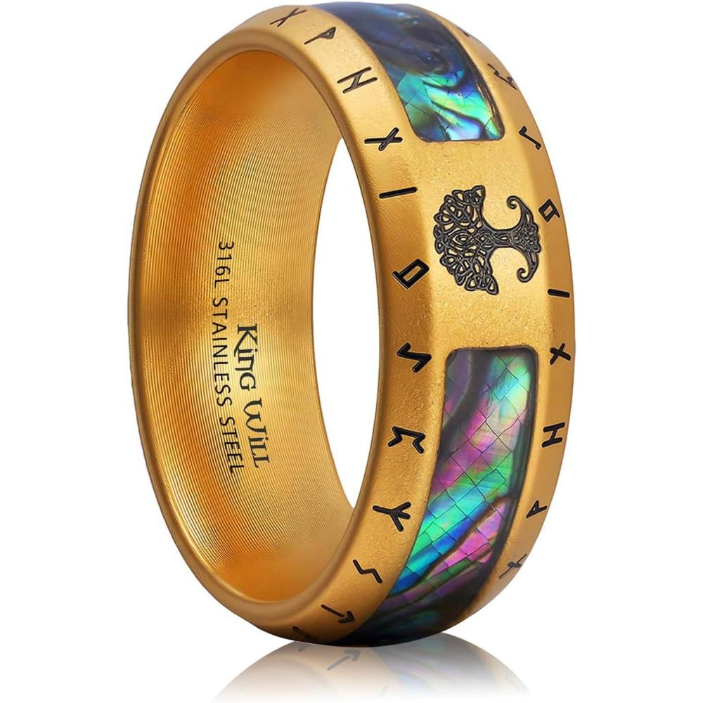 imageKing Will Viking Stainless Steel Wedding Band 8mm Men Ring with Tree of Life Rune Design and Abalone Shell Inlay in GreyGoldBlack Vintage FinishComfort Fit Size 714Gold