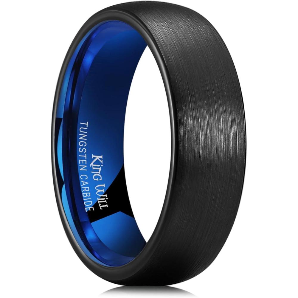 imageKing Will Wedding Band for Men Women 24678mm Domed Matte Brushed Tungsten Carbide Rings SolidDual Color Engagement Rings Comfort FitBlackBlue7mm