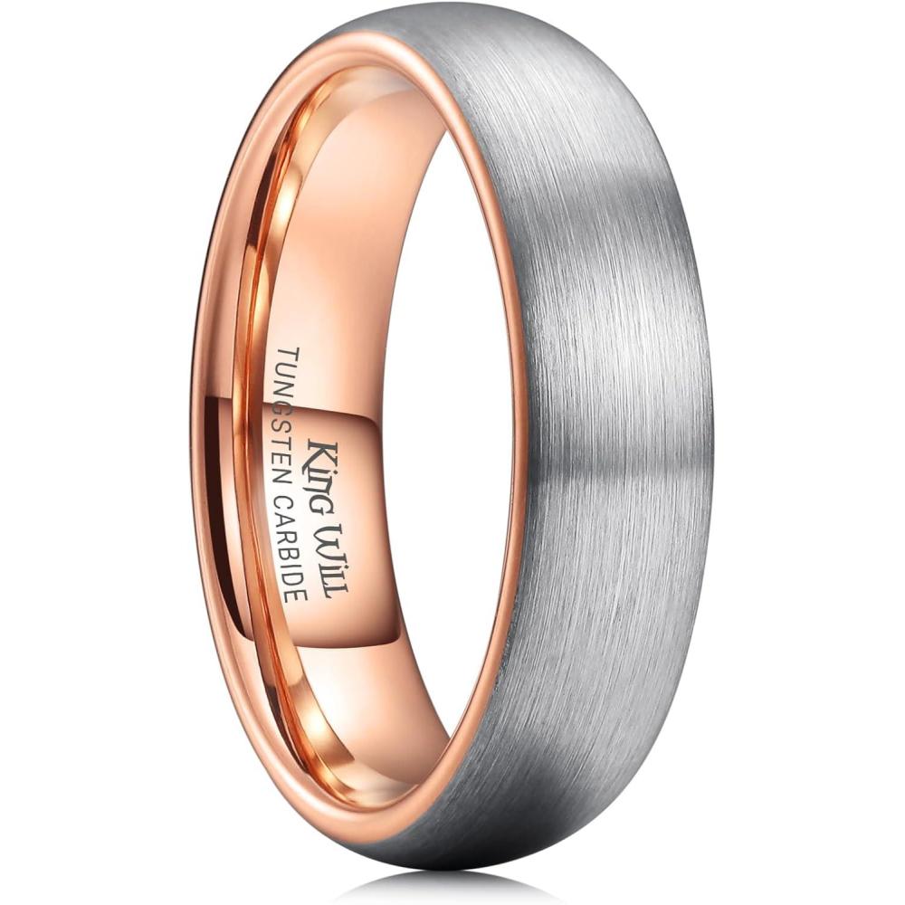 imageKing Will Wedding Band for Men Women 24678mm Domed Matte Brushed Tungsten Carbide Rings SolidDual Color Engagement Rings Comfort FitSilverRose Gold6mm