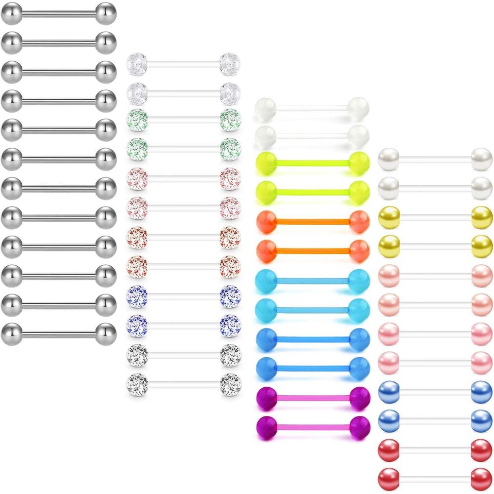 imageMayhoop 14G 1248Pcs Tongue Nipple Ring Glow in Dark Flexible Straight Tongue Ring Retainer Body Piercing Jewelry 4 Style 58quot 16mm in Length