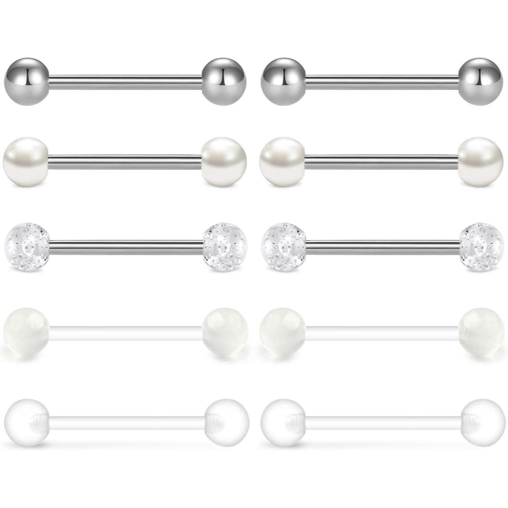 imageMayhoop 14G 36Pcs Stainless Steel Nipple Rings Tongue Rings Straight Barbell Bars Piercing 14mm 16mm 18mm in Length for Women Men1White tone