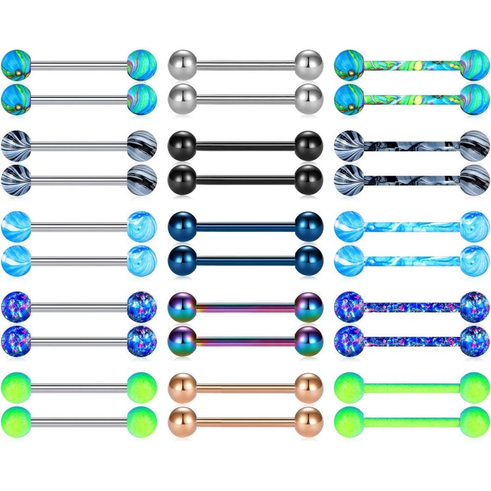 imageMayhoop 14G 36Pcs Stainless Steel Nipple Rings Tongue Rings Straight Barbell Bars Piercing 14mm 16mm 18mm in Length for Women MenDark