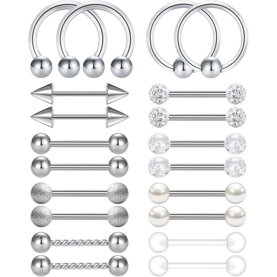 imageMayhoop 14G 36Pcs Stainless Steel Nipple Rings Tongue Rings Straight Barbell Bars Piercing 14mm 16mm 18mm in Length for Women MenSilver
