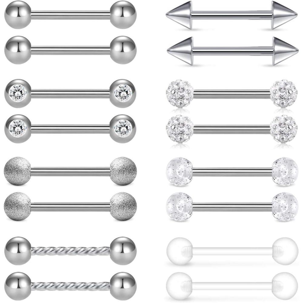 imageMayhoop 14G 36Pcs Stainless Steel Nipple Rings Tongue Rings Straight Barbell Bars Piercing 14mm 16mm 18mm in Length for Women MenSilver2